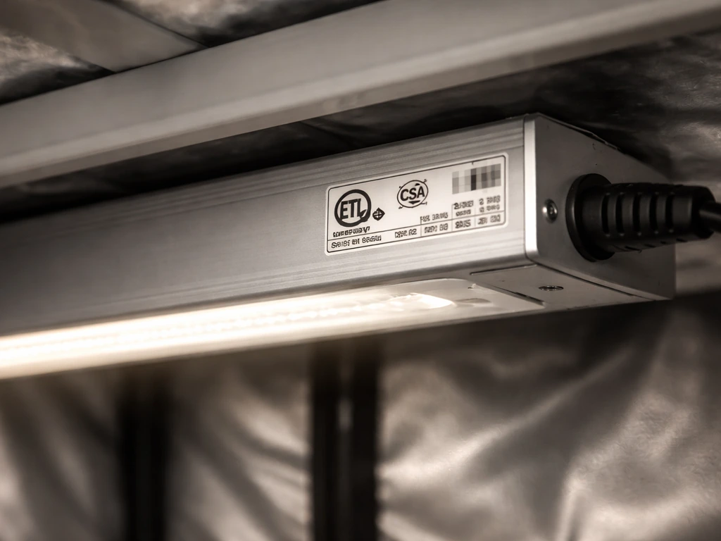 Close-up of a grow light fixture’s safety certification and electrical specs on its label.