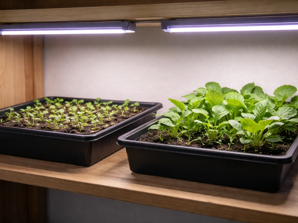 Seedlings and greener growth plants under grow lights on a simple shelf setup.