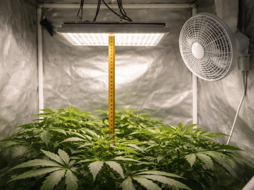 Measuring tape shows correct light-to-canopy distance above leafy plants with a small oscillating fan in a grow tent.