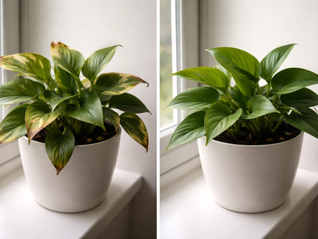 Close-up comparison of stressed brown/curling leaves and healthy green leaves on a plant under bright light