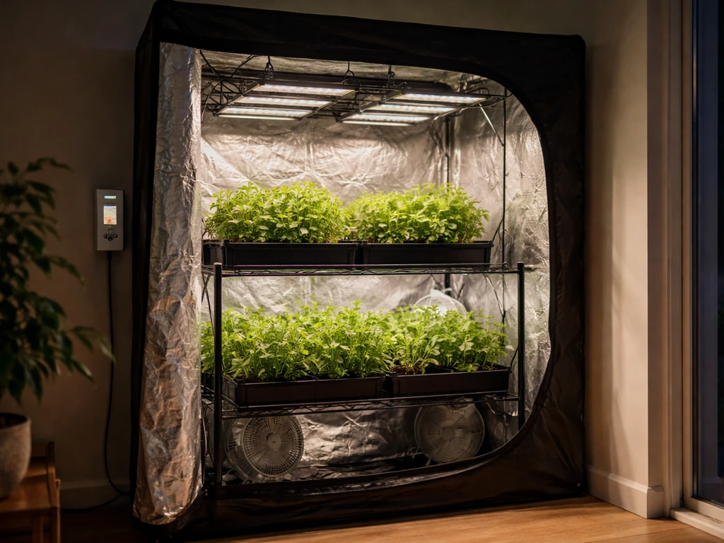 Indoor grow tent with LED lights on and a visible timer suggesting scheduled grow light hours.