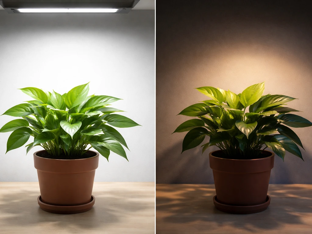 A split view: one plant under constant light, another with clear day/night glow and softer shadows