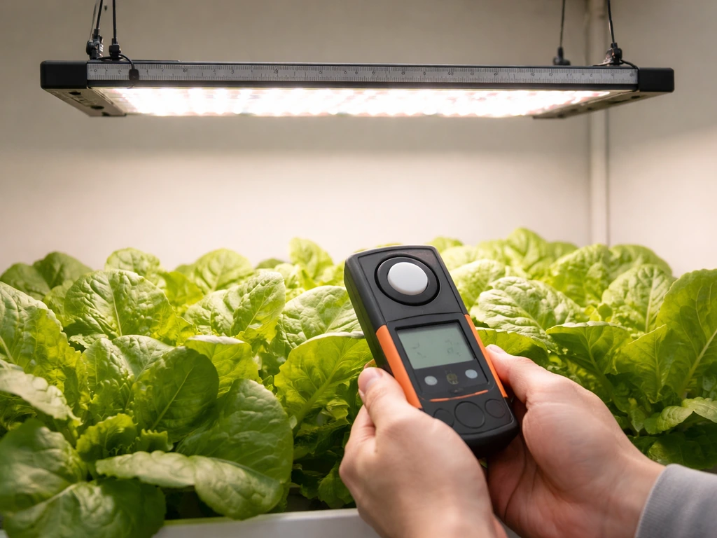 Grow light over plants with a handheld PPFD meter at canopy height, showing correct distance