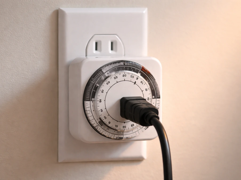 Mechanical outlet timer controlling a grow light, with dial set and timer engaged in a simple indoor setup.