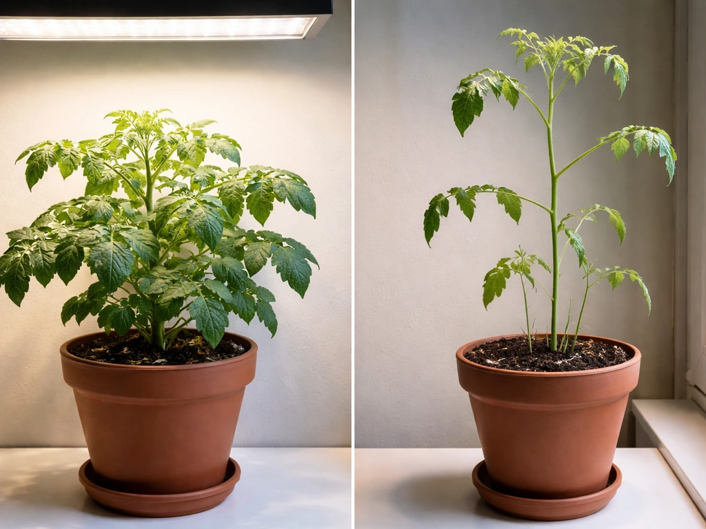 Two tomato plants in pots—one under bright light, one visibly leggy under weaker indoor light.