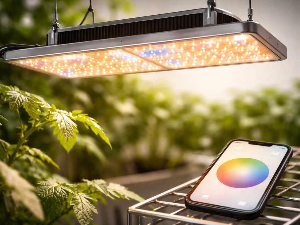 Close-up of an LED grow light and a phone showing light intensity near it on a tomato grow bench.