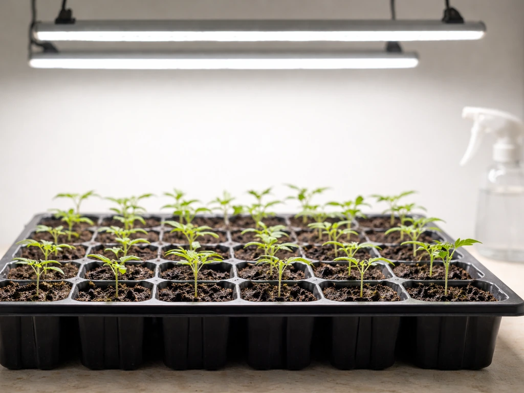 Tomato seedlings in a seed-starting tray under LED grow lights, evenly moist growing mix.