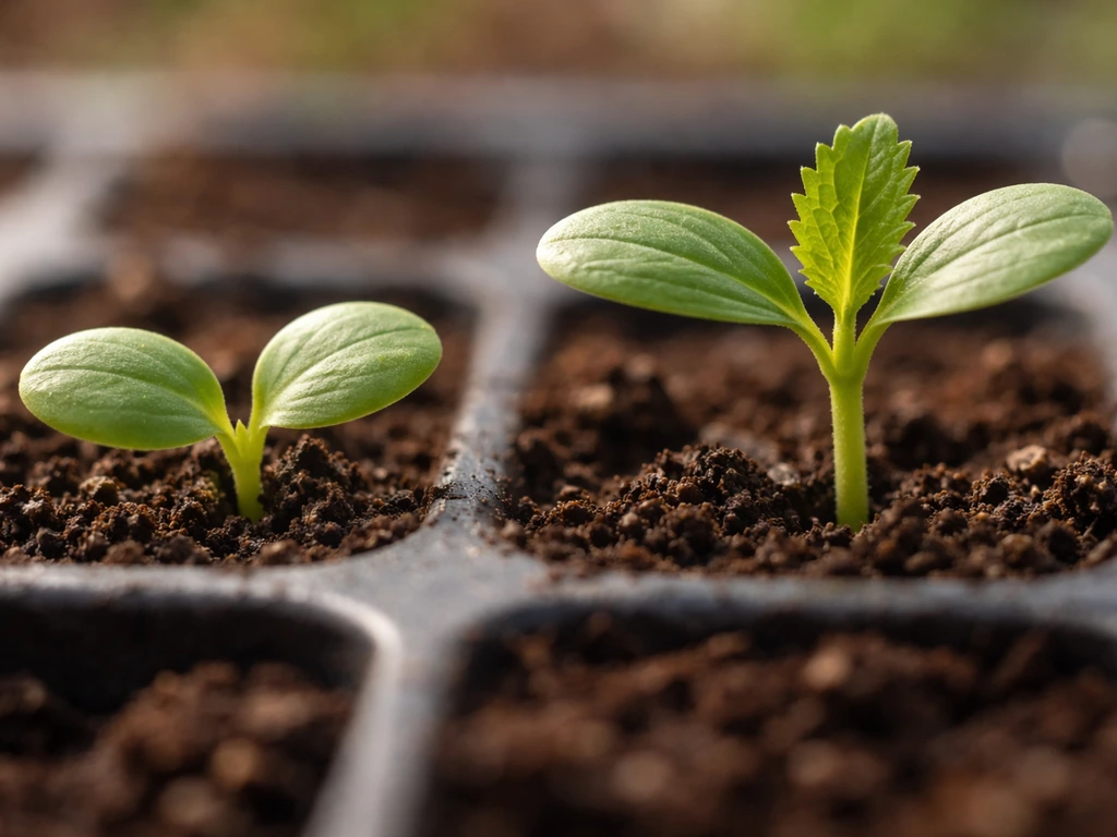 Macro close-up of a seedling showing cotyledons and emerging true leaves on soil.