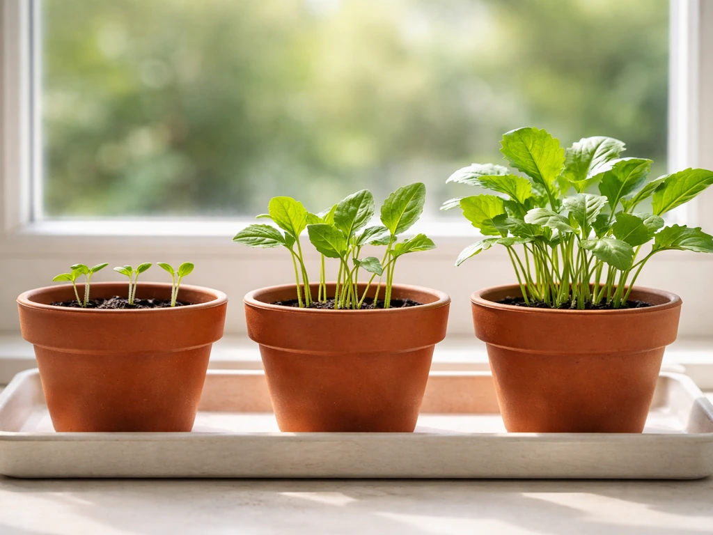 Vegetable seedlings on a windowsill showing early, mid, and later growth stages in one simple tray.