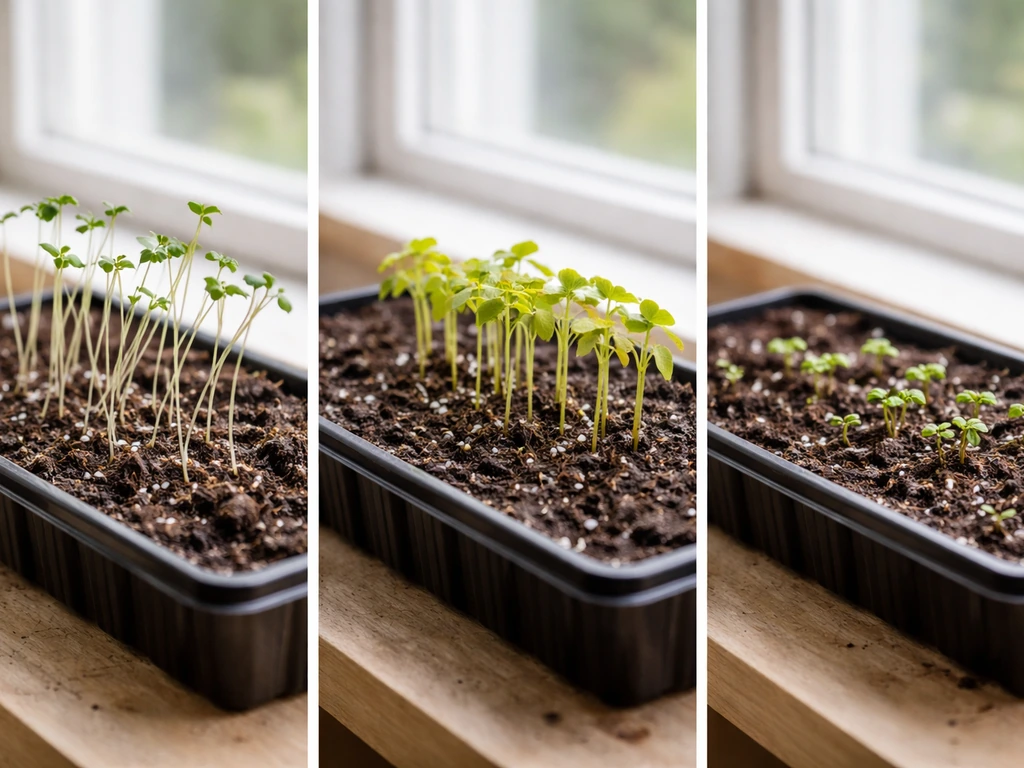 Three close-up seedling trays showing leggy, pale, and stalled growth under weak light