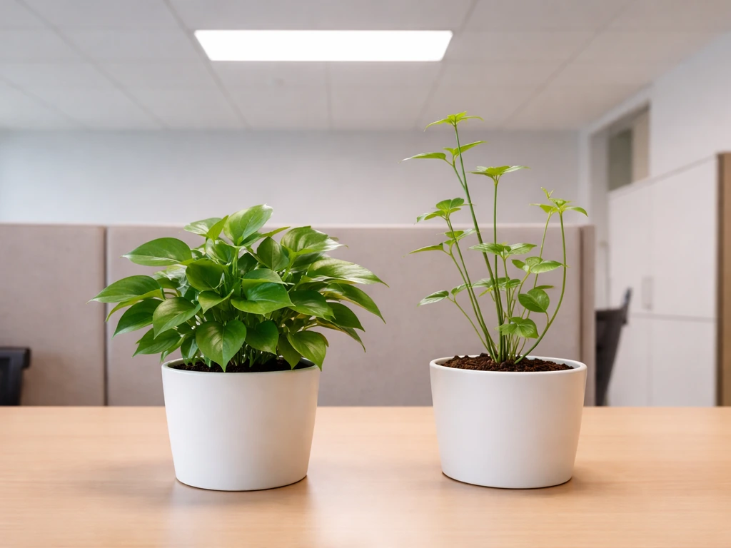 Two potted plants under an office ceiling light—one healthy and compact, one slightly leggy.