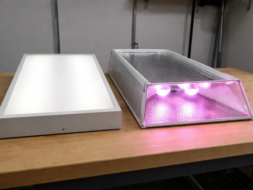 Side-by-side photo of a neutral office LED fixture and a purple-tinted grow light reflector.