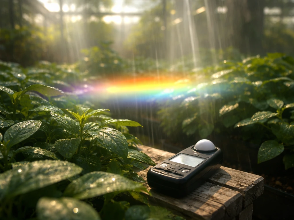 Minimal photo of a plant canopy with soft photon-like light beams and a glowing 400–700 nm band