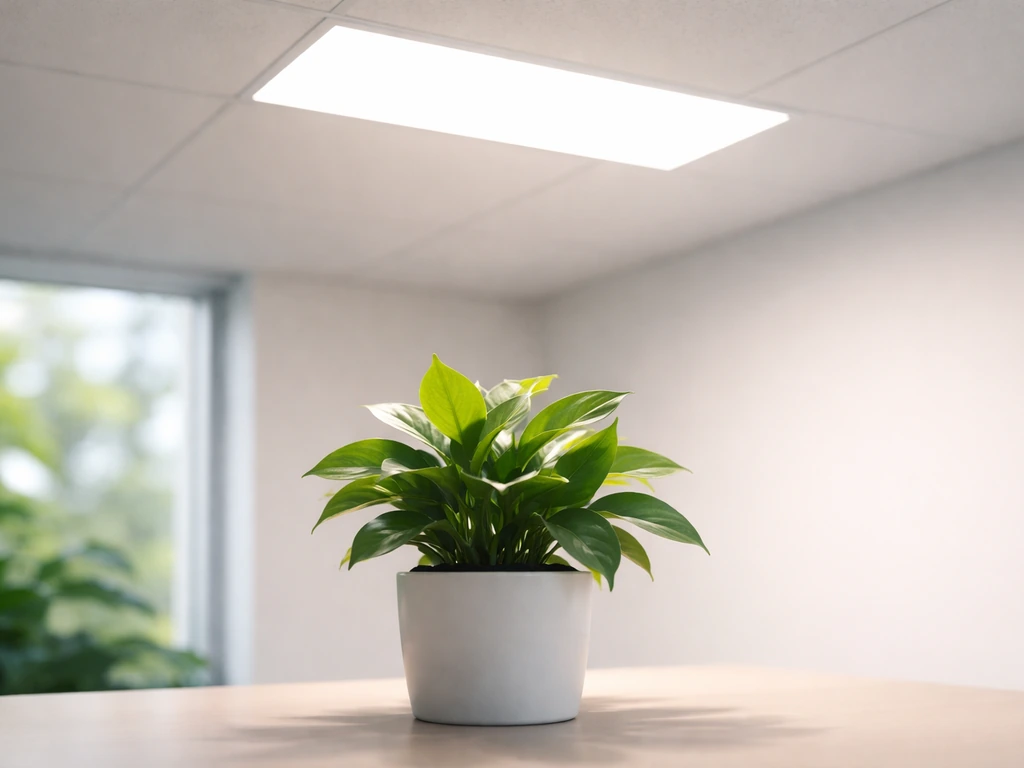 Close-up of a ceiling LED office light above a potted plant with soft, even illumination.