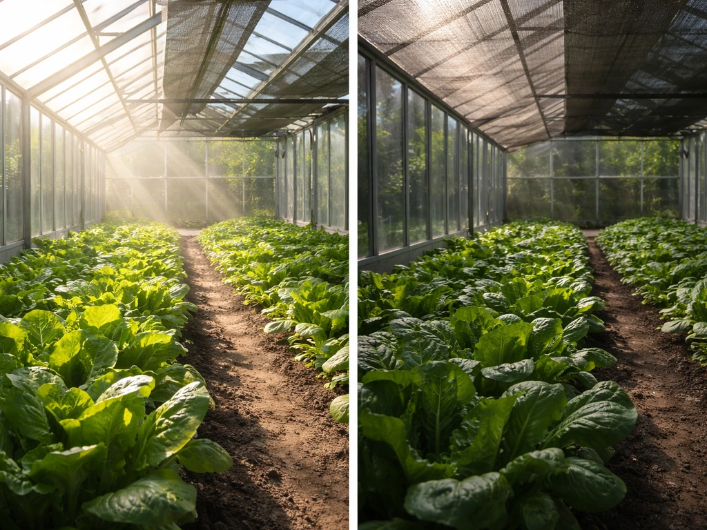 Sunlit greenhouse glass versus shaded area, showing darker plants where less light reaches crops.