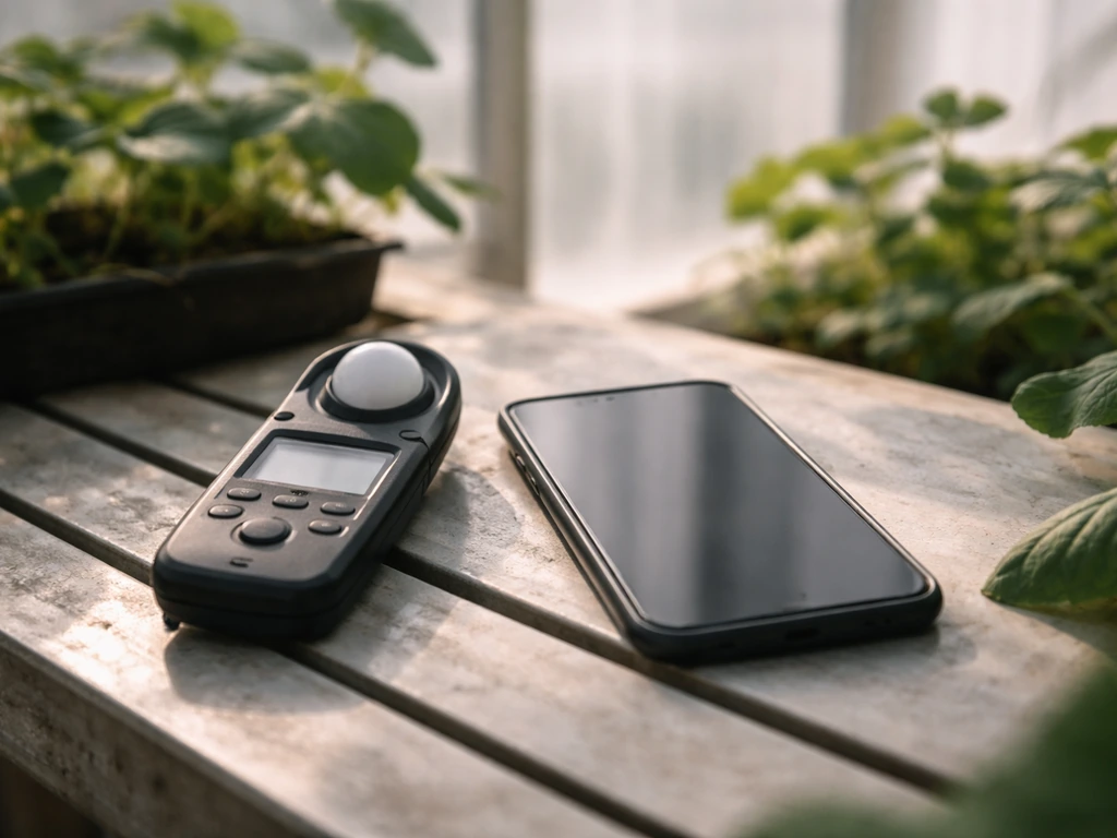 Close-up of a smartphone and small light meter beside greenhouse plants to estimate light levels