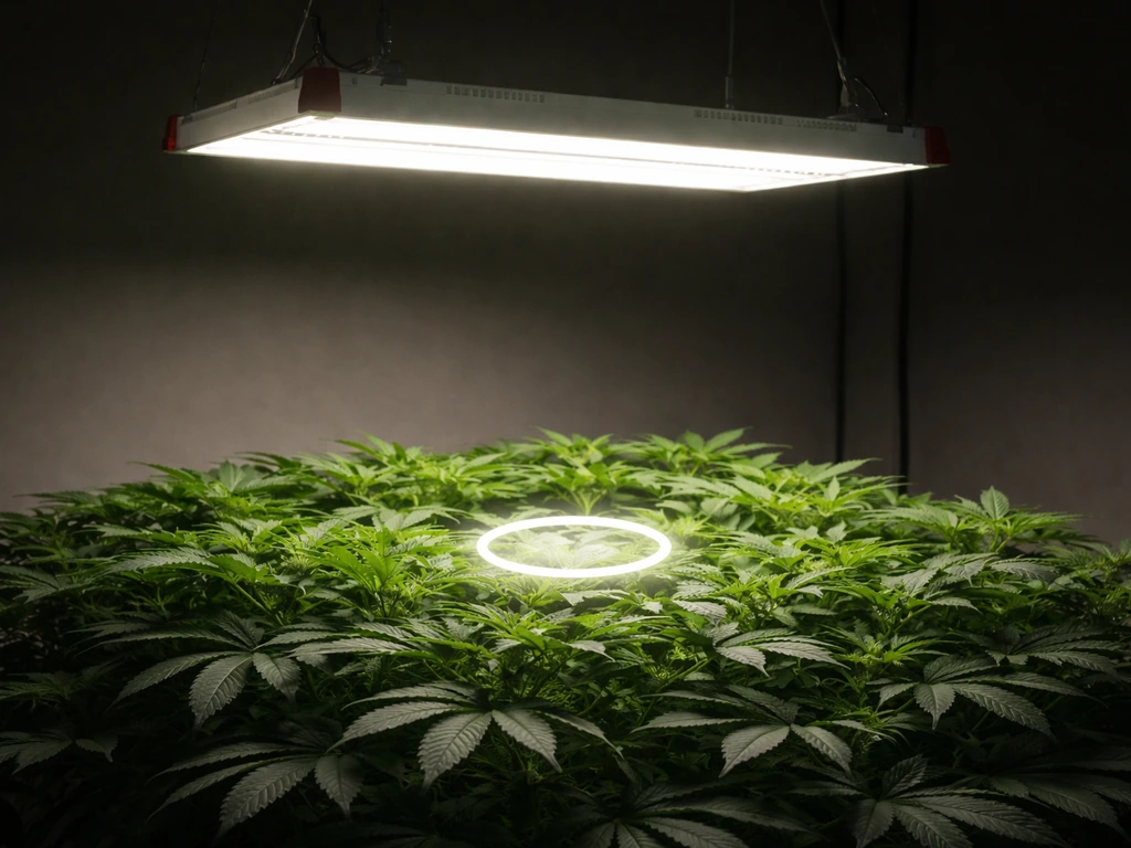 Grow light fixture aimed at a plant canopy with a visible measuring target for light intensity planning.