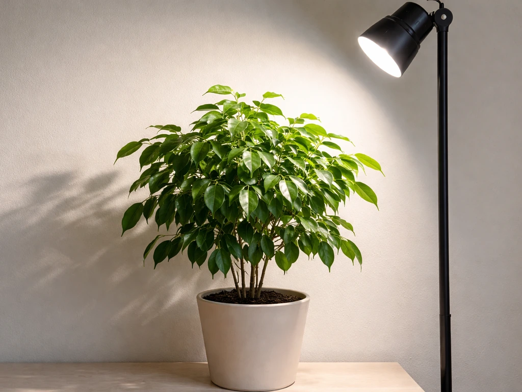 Side-mounted LED grow light tilted toward a plant canopy under natural room light