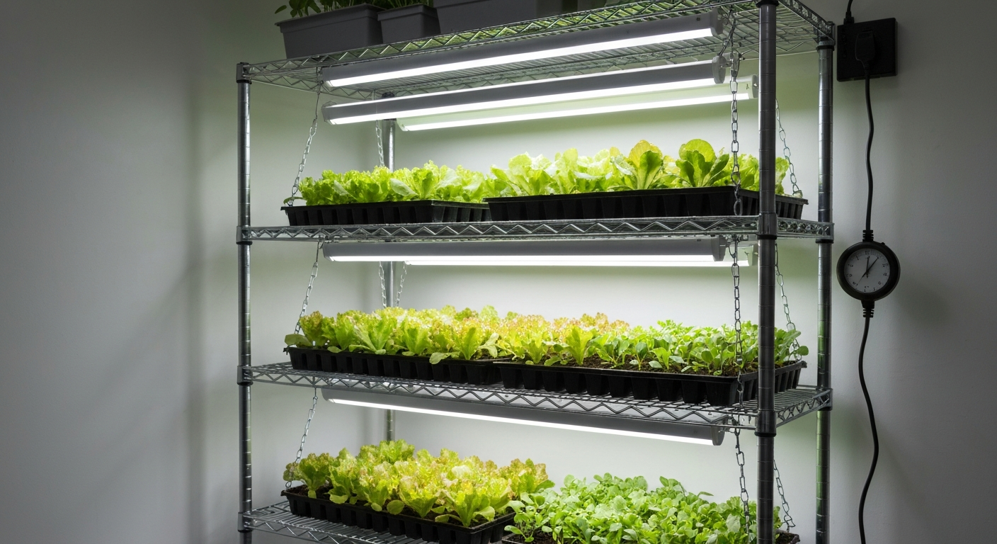 Indoor seedling setup with linked LED shop light bars hanging over trays of healthy seedlings, adjustable chains and a plug-in timer visible.