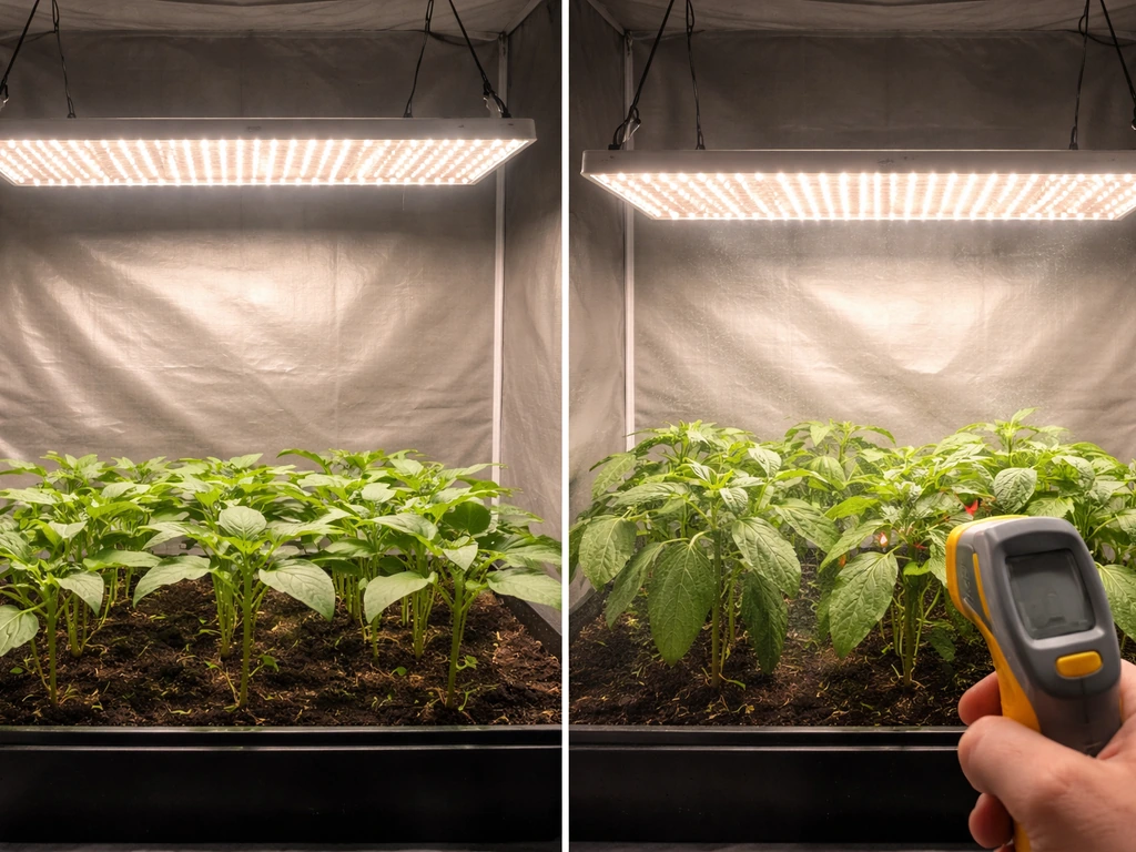 Two grow light setups showing safe distance vs too-close overheating: raised fixture and a heat-haze IR concept.