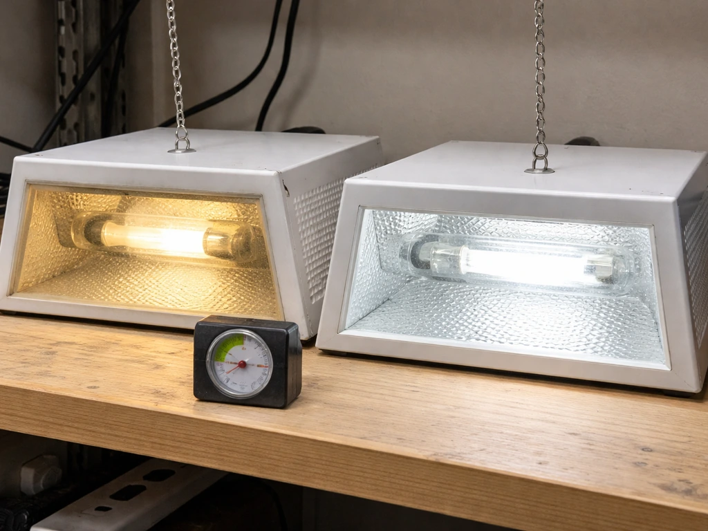 Two side-by-side grow light fixtures showing a worn, aged bulb versus a clean, new one.