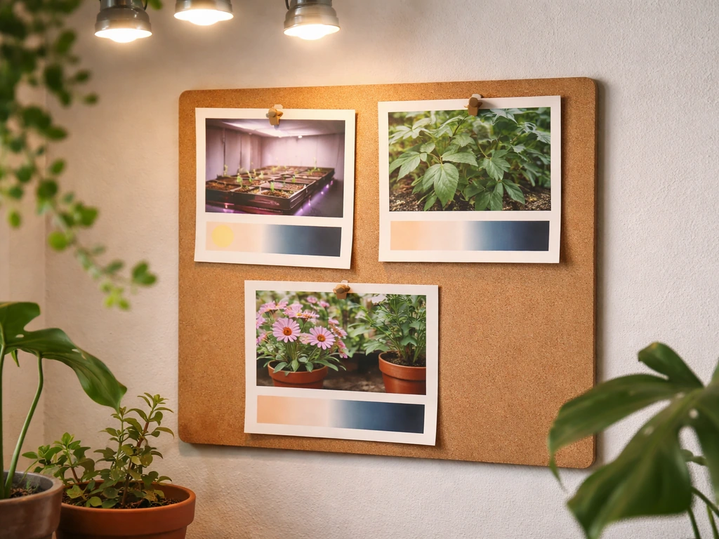 Close-up of a simple wall-mounted light schedule board with plant photos and shadow cues.