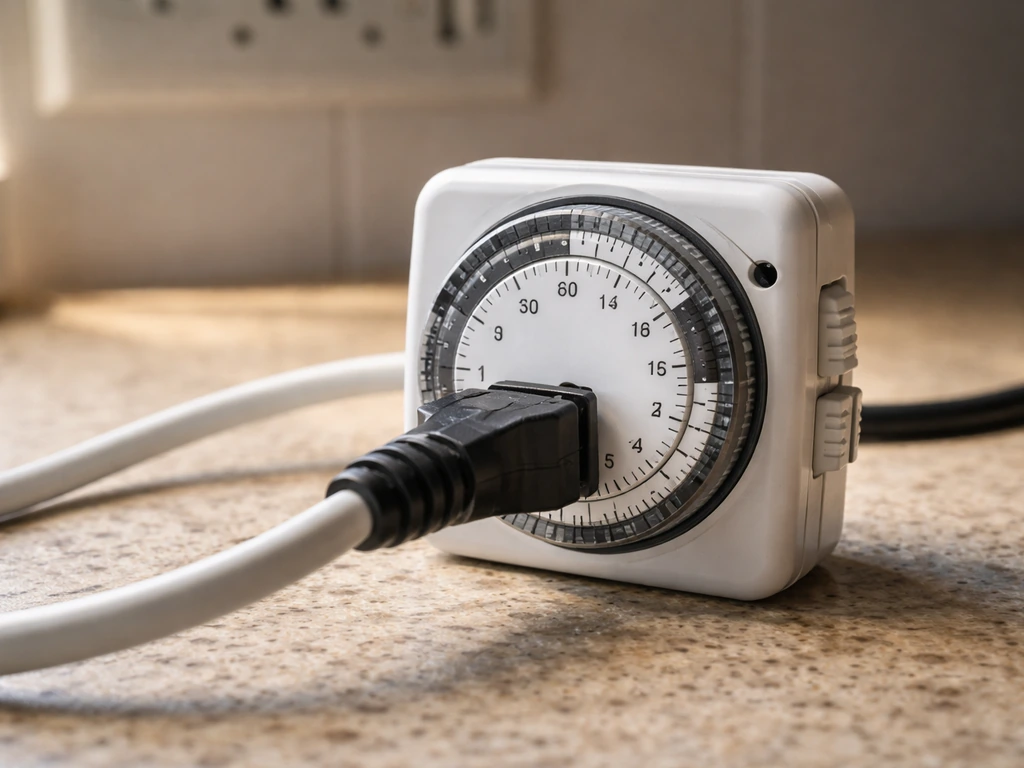 Close-up of a mechanical outlet timer beside a grow light plug with the on/off dial being set.