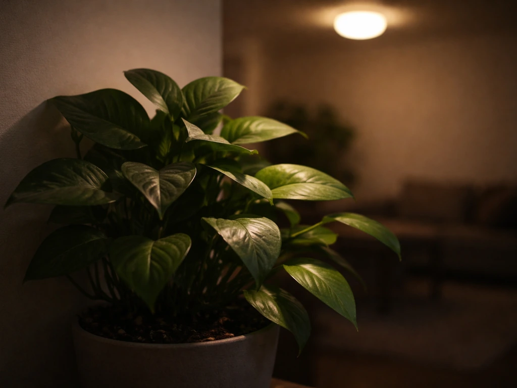 Houseplant by a dim window with uneven, shadowy ceiling light leaving its top canopy in partial shade.