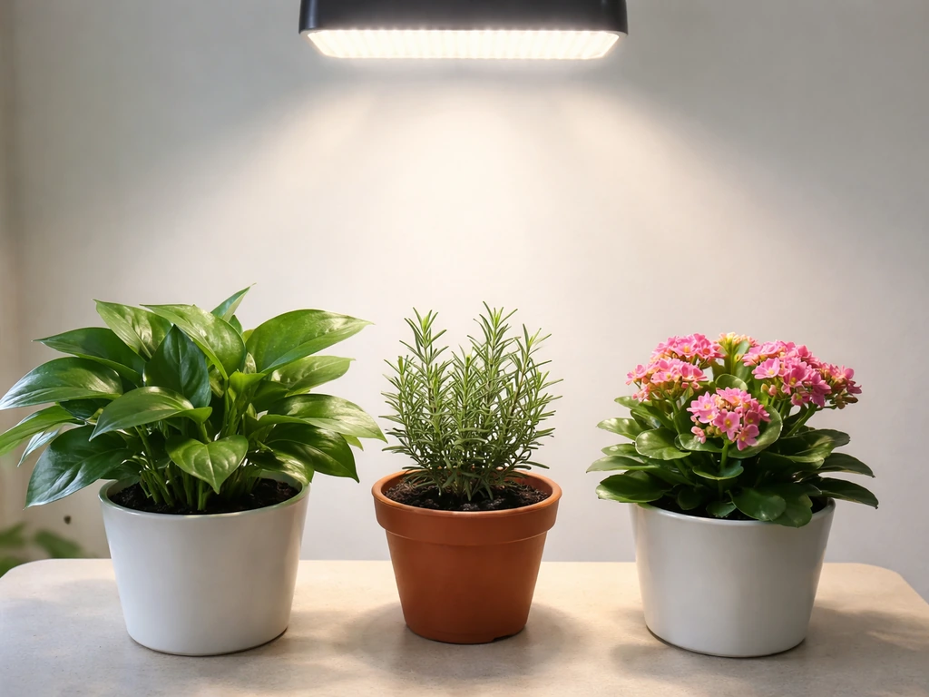 Three houseplants under a single LED grow light: leafy greens, herbs, and a flowering plant