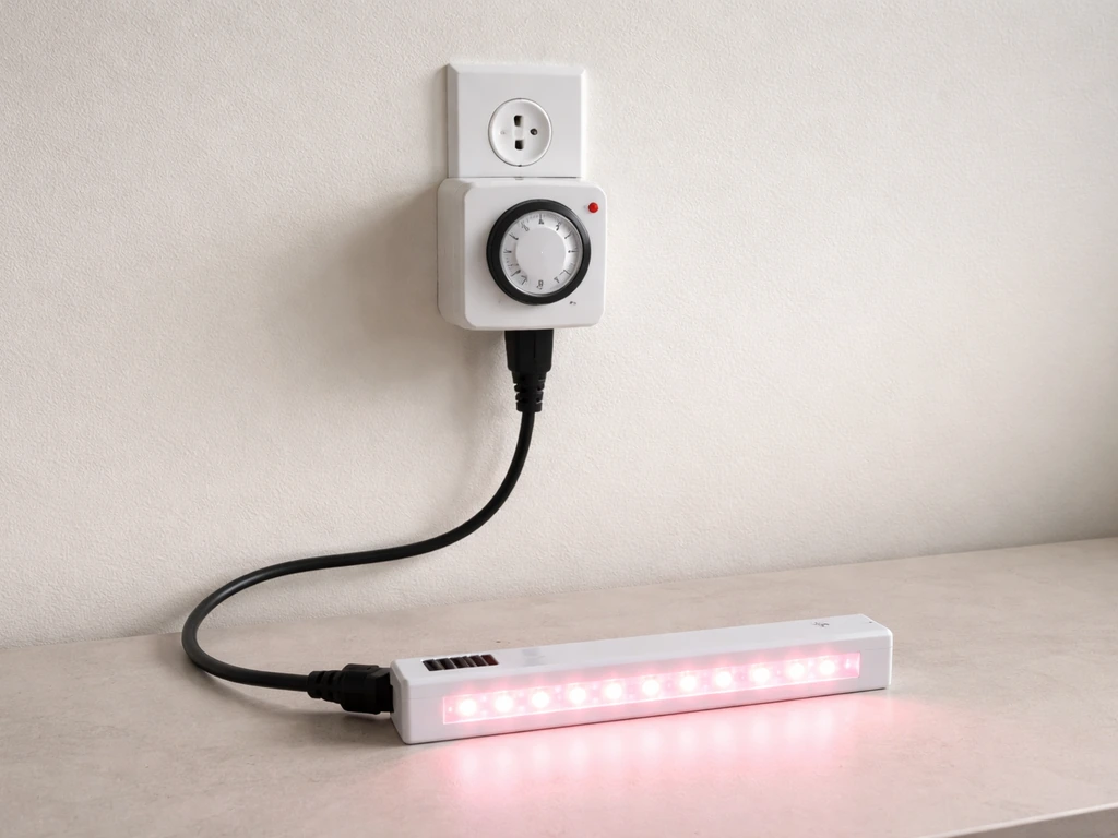 A plug-in outlet timer controlling an LED grow light with a consistent daily schedule