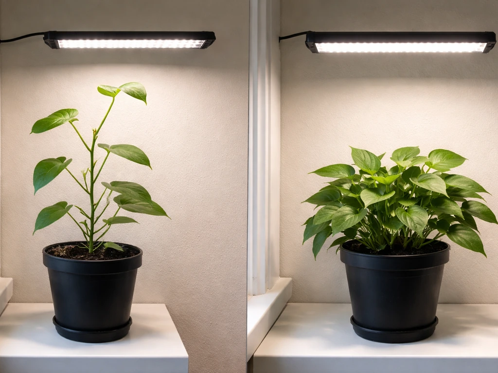 Leggy houseplants under a grow light that’s too far, with a second plant under a closer light for comparison.
