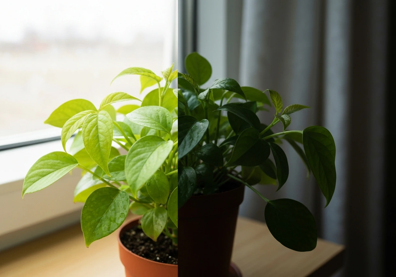 Close-up of a leafy plant with subtle light-to-dark lighting change along the leaves.