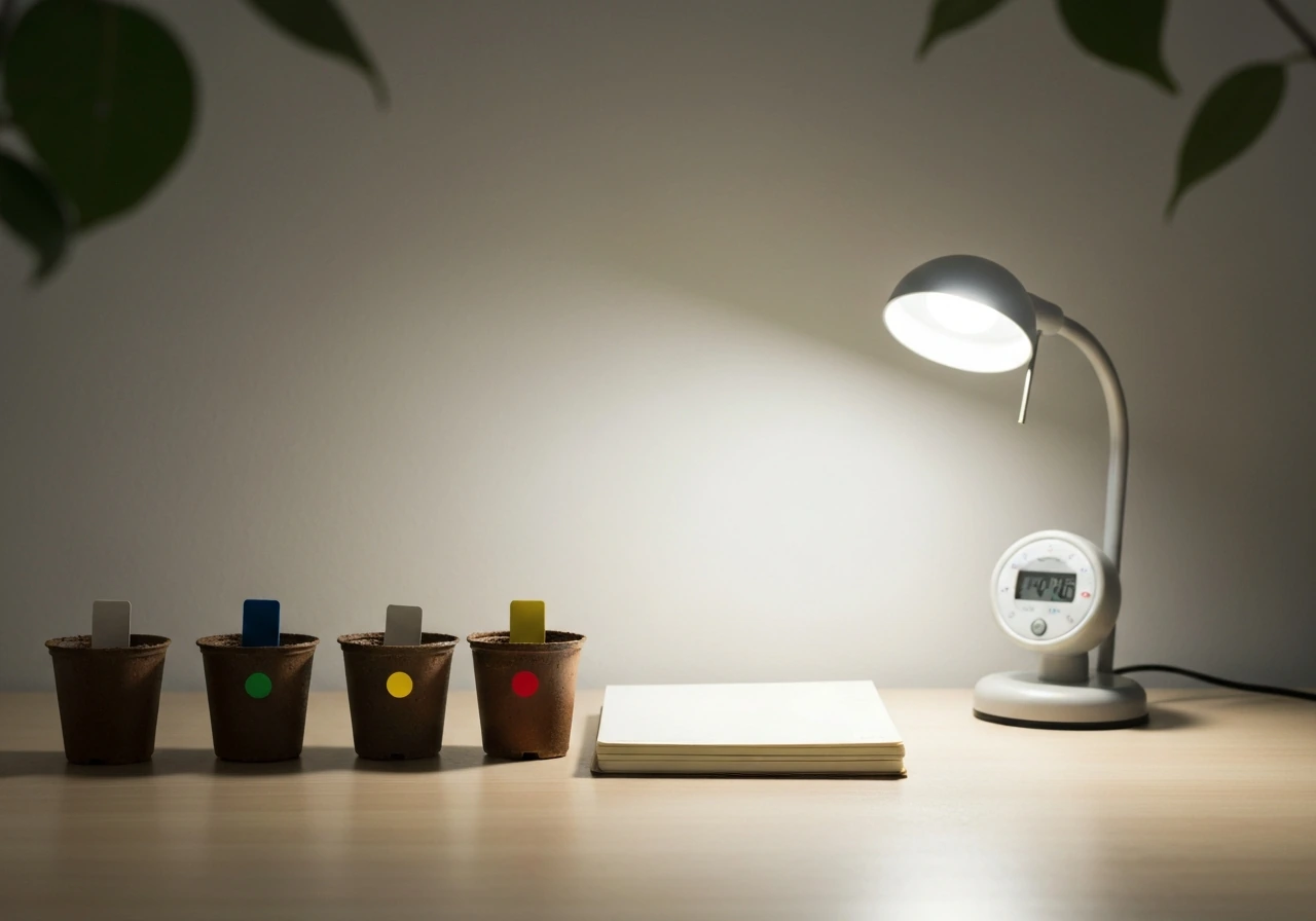 Minimal indoor photo of several plant pots under natural light beside a blank notebook and lamp timer.