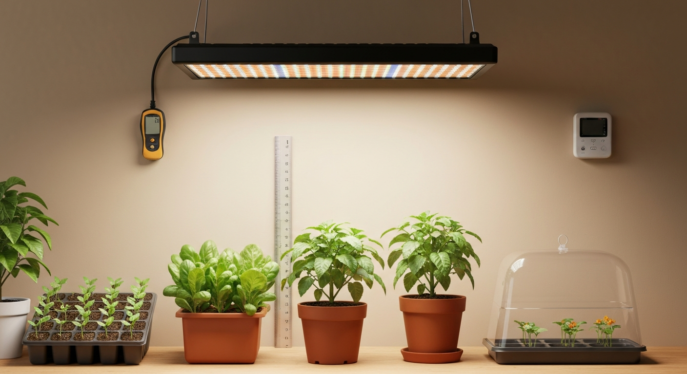 Indoor grow setup under a full-spectrum LED panel showing seedlings, vegetative herbs, flowering plant, and cuttings with a PAR meter and timer visible.