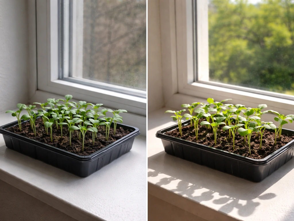 Seedlings on a windowsill: dim north-like light on one tray and brighter south-like sun on another.