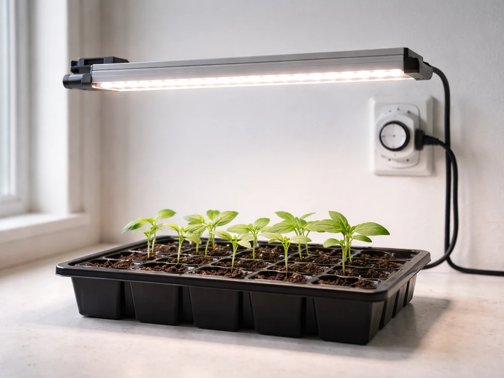 Close-up of an LED grow light over a seedling tray with a clean outlet timer and neatly managed cables.