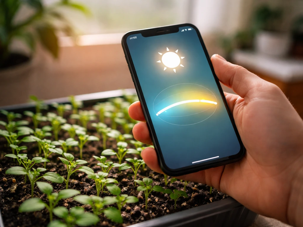 Hand holds a smartphone measuring light above seedlings under natural daylight