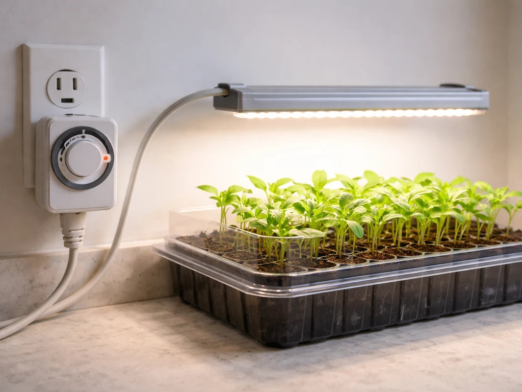 Grow light over seedling tray with an outlet timer controlling the on/off cycle.