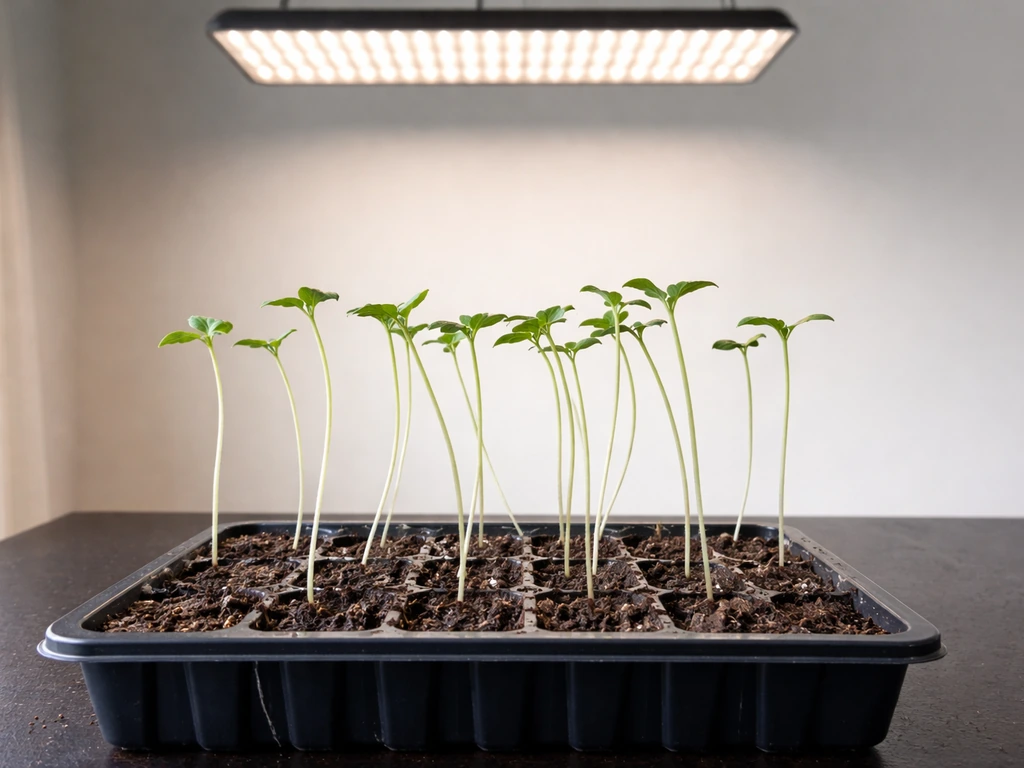 Leggy seedlings stretching with light-distant LED grow panel in a simple indoor grow area
