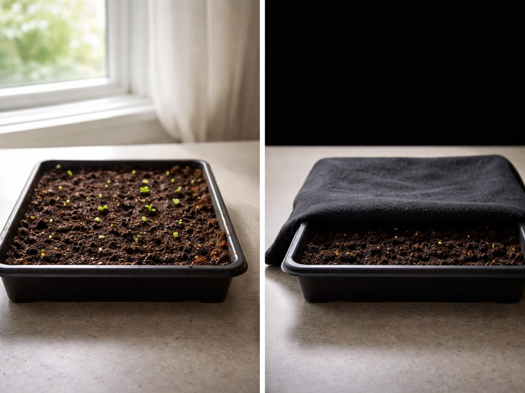 Side-by-side trays: lettuce sprouts in light versus other seeds under a dark cover.