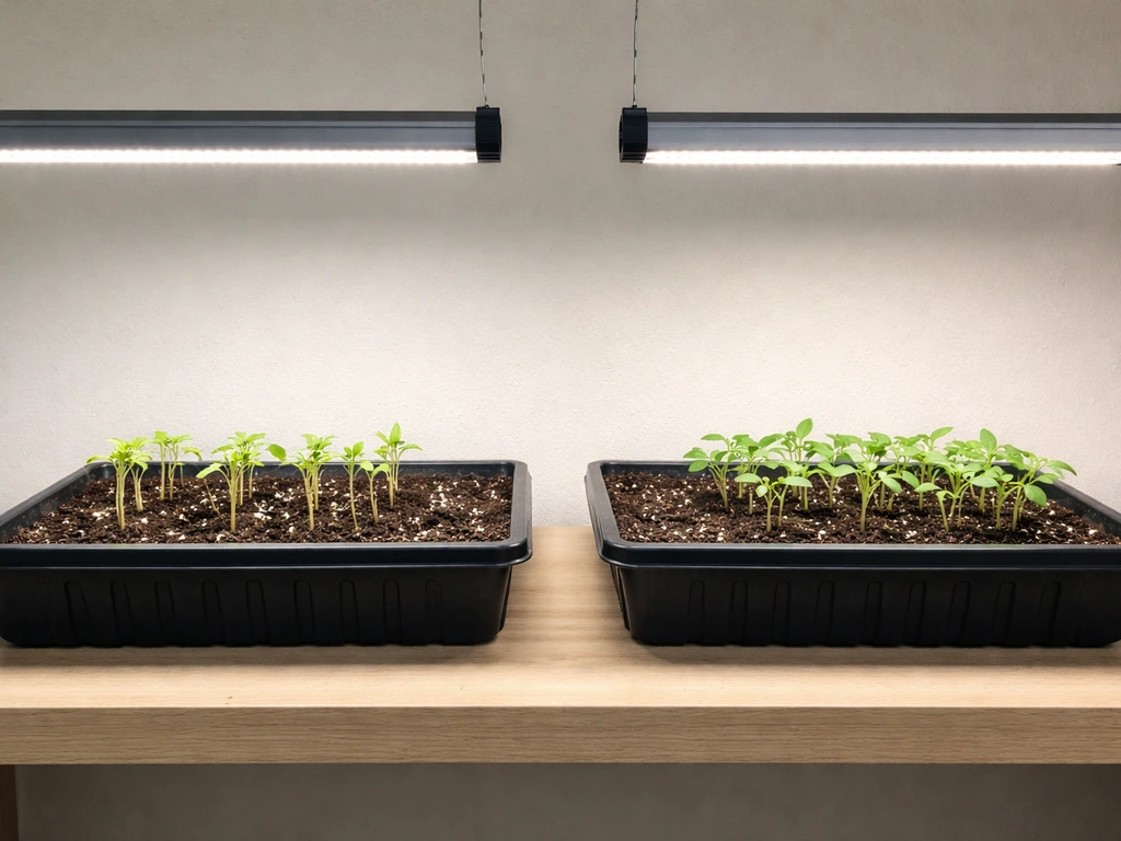 Two trays of seedlings under overhead grow lights at different heights, showing leggy vs heat-stressed growth