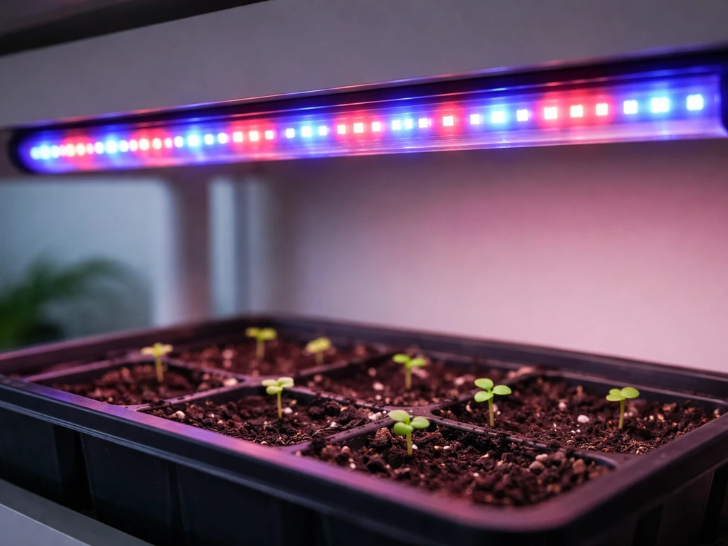Blue/red grow light glowing above a seedling tray with a few small sprouts.