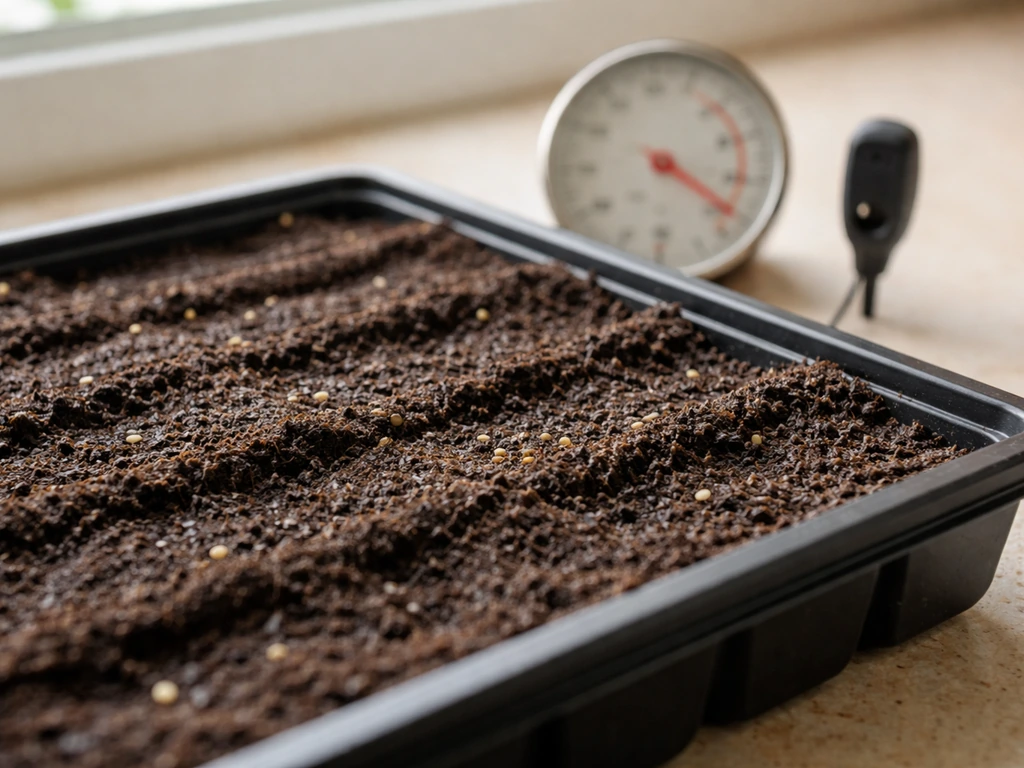 Damp-but-not-soggy seed tray close-up with a nearby thermometer and hygrometer for moisture checks.