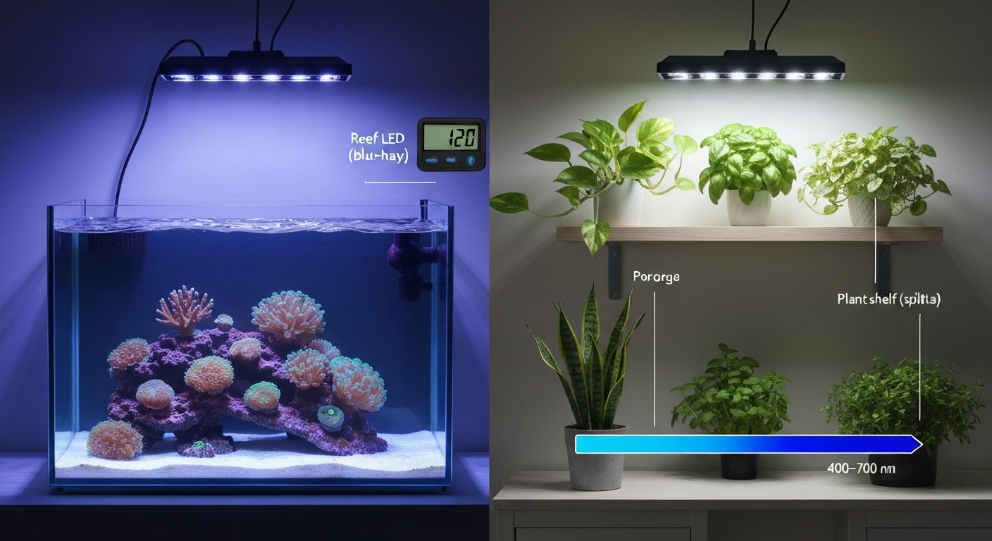 Infographic split-scene: reef aquarium under blue-actinic LED on left, houseplants on a shelf receiving spill light on right; inset shows a digital PPFD gauge and a 400–700 nm spectrum bar highlighting blue-heavy output.