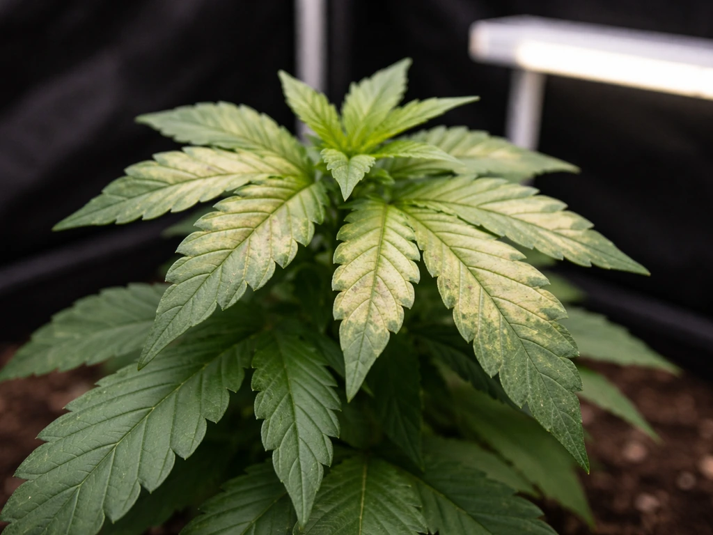 Close-up of a plant’s top leaves with pale yellow-white bleaching patches from overly strong light