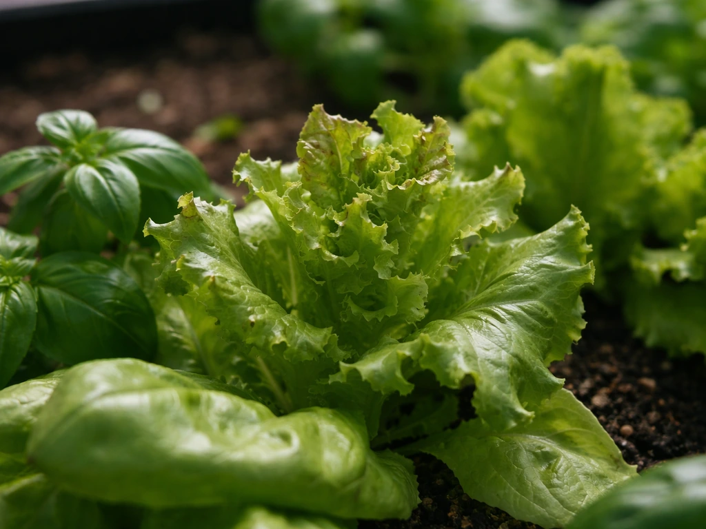 Close-up of lettuce and herbs with curled, stunted new leaf growth from light stress