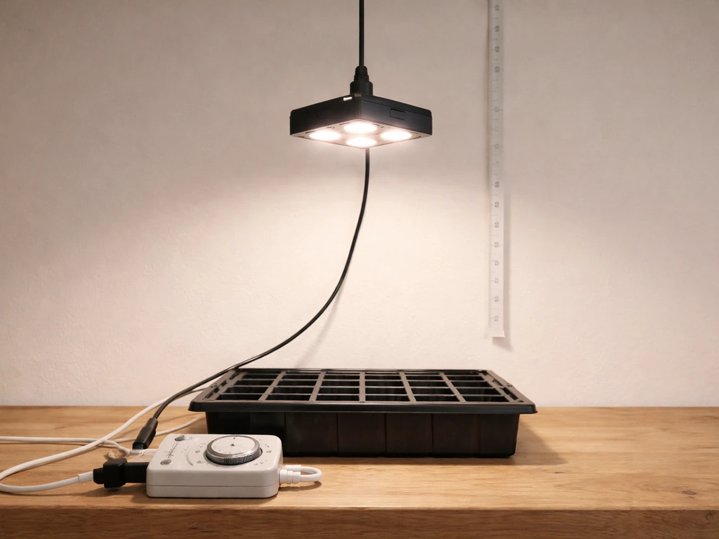 LED grow light hanging at a measured height, with a dimmer and timer on the workbench beside it.