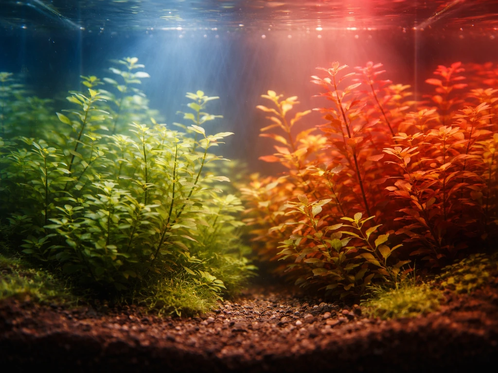 Submerged aquarium plants under cool blue and warm red illumination in clear water