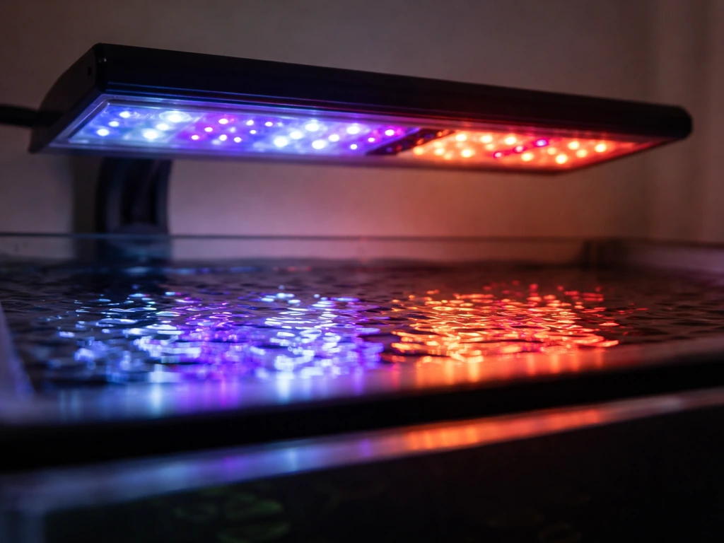 LED grow light over a small aquarium showing blue-purple and red light reflections on the water