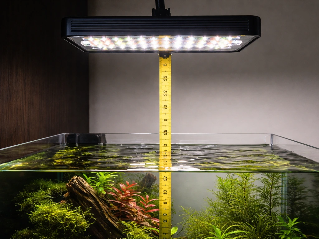 LED grow light mounted above an aquarium, with a measuring tape showing about 12 inches to the water surface.